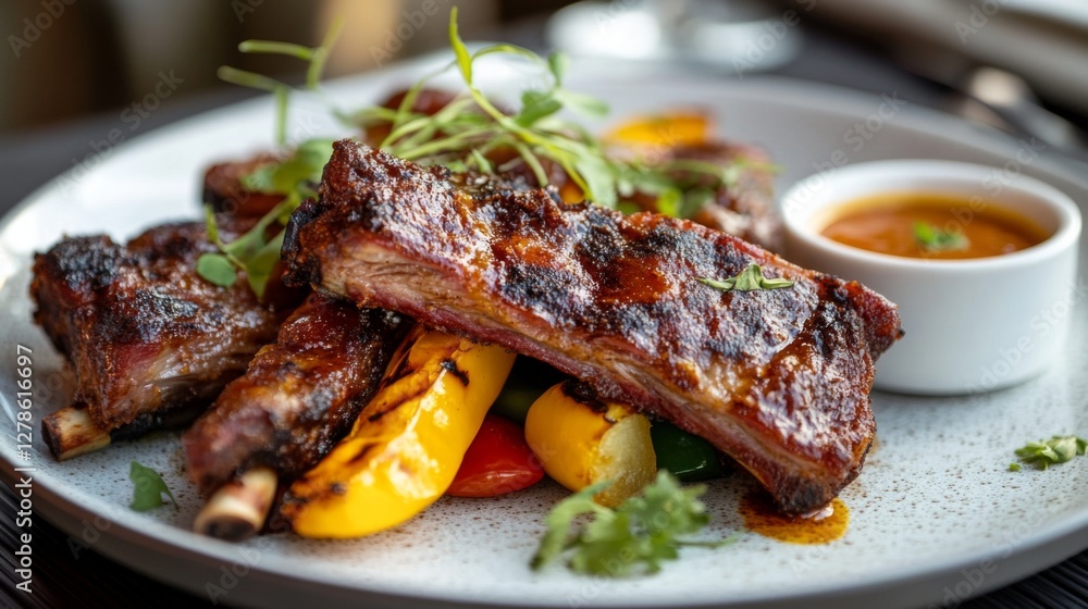 A beautifully plated dish of pork ribs with a spicy rub, served with a side of grilled vegetables and a tangy dipping sauce, set against a modern dining backdrop. A beautifully plated dish of pork ribs with a spicy rub, served with a side of grilled vegetables and a tangy dipping sauce, set against a modern dining backdrop.