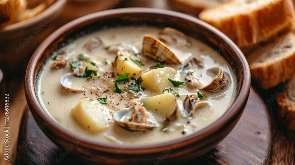 A beautiful bowl of clam chowder with chunks of tender clams, potatoes, and celery, served with a side of crusty bread in a cozy, inviting setting. A beautiful bowl of clam chowder with chunks of tender clams, potatoes, and celery, served with a side of crusty bread in a cozy, inviting setting.