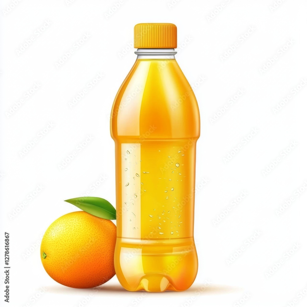 A bottle of freshly squeezed orange juice with a full orange beside it, isolated on a pure white background for a clean and fresh look. A bottle of freshly squeezed orange juice with a full orange beside it, isolated on a pure white background for a clean and fresh look.