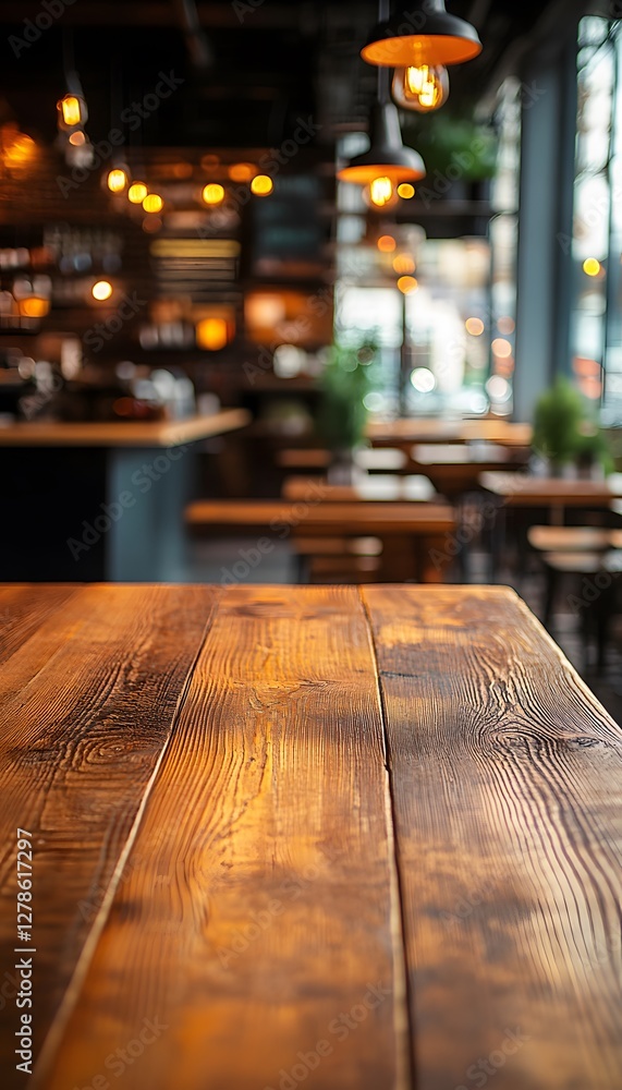 Wooden table in a softly lit restaurant setting Wooden table in a softly lit restaurant setting