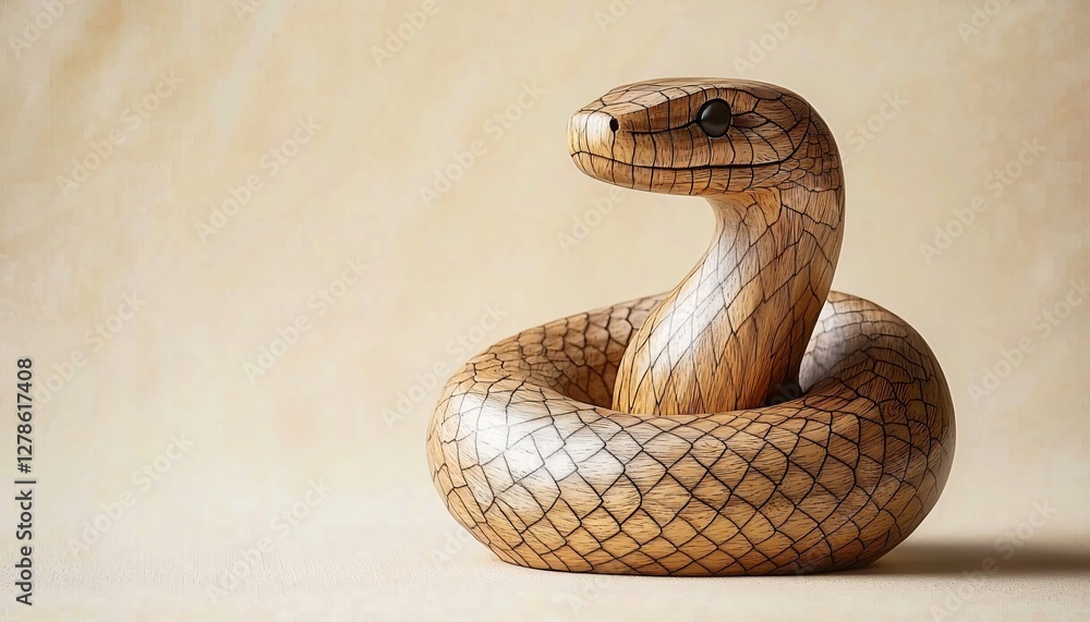 Fototapeta premium Chinese New Year 2025 wooden snake sculpture. Minimalist, serene design with copy space for banners, social media, festive greetings.