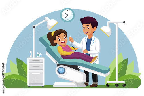 Children's dentist. Dental treatment. The doctor examines a child who has lost his first tooth. Vector illustration on a white background. Flat design