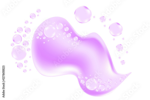 Liquid cosmetic water or clear serum texture purple oil swatch isolated, transparent background. Fluid glowing cosmetic gel or spilled solution droplet. Cute smooth beauty product, decoration element