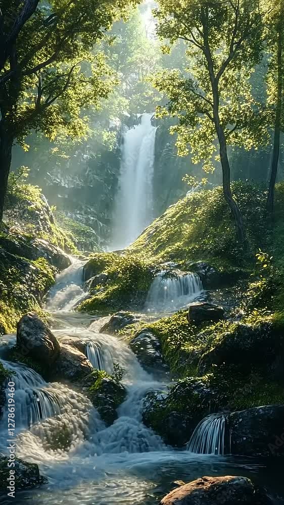 A serene waterfall cascading through a lush, green forest, creating a tranquil atmosphere. A serene waterfall cascading through a lush, green forest, creating a tranquil atmosphere.