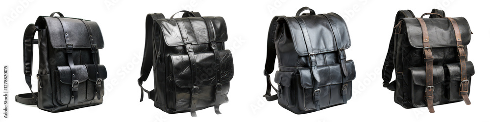 Elegant Collection of Four Distinct Black Leather Backpacks with Stylish Designs and Functional Features Elegant Collection of Four Distinct Black Leather Backpacks with Stylish Designs and Functional Features