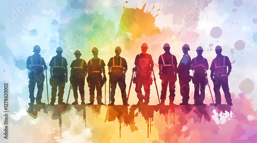 Wallpaper Mural Vibrant Workforce: A diverse group of construction workers, silhouetted against an explosion of watercolor, embody unity and teamwork. conveying the strength, diversity. Torontodigital.ca