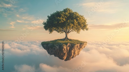 Golden tree standing on rocky outcrop surrounded by soft clouds at sunrise