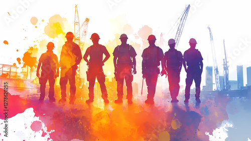 Construction Crew Silhouette: A resolute construction crew stands united, silhouetted against a vibrant watercolor backdrop depicting a bustling construction site, embodying strength and teamwork. 
