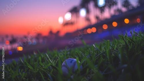 Baseball on lush green grass at sunset in los angeles dodgers stadium during vibrant night game photo