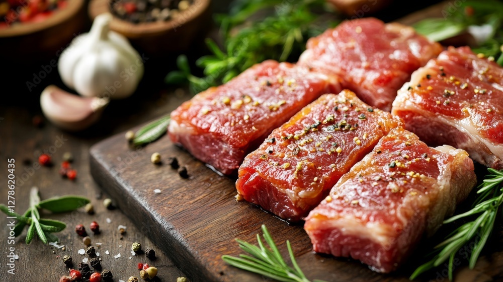 A close-up of raw pork belly slices marinated and ready for grilling, surrounded by fresh herbs, garlic, and spices on a wooden cutting board. A close-up of raw pork belly slices marinated and ready for grilling, surrounded by fresh herbs, garlic, and spices on a wooden cutting board.