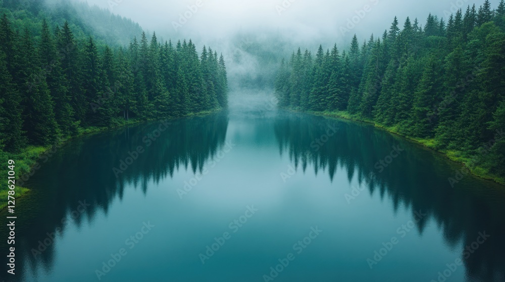 Fototapeta premium Foggy lake surrounded by dense evergreen forest