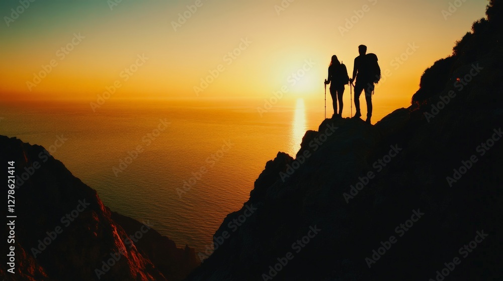 Silhouette of male and female hikers on a challenging mountain climb, sea view illuminated by sunset Silhouette of male and female hikers on a challenging mountain climb, sea view illuminated by sunset