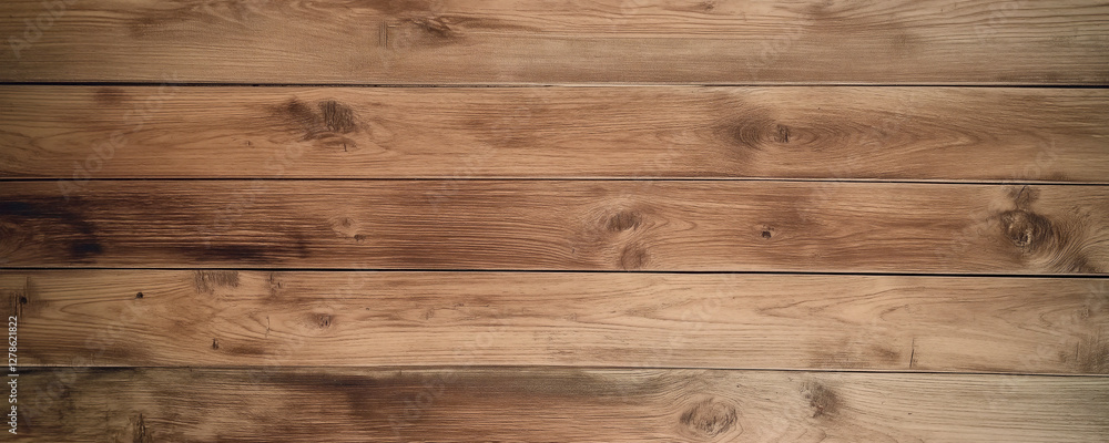 Fototapeta premium Top-down view of a rustic wooden surface with weathered textures and warm brown tones. The aged wood planks have a natural, distressed look, making this background perfect for vintage designs.