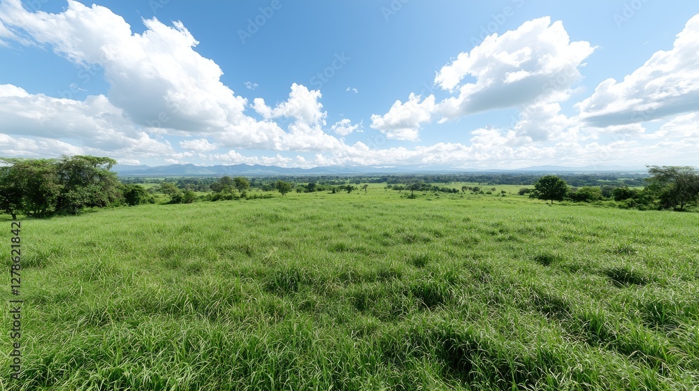 Panoramic view of lush green field under a partly cloudy sky, with distant mountains. Possible use Stock photo for nature, travel, or environmental websites Panoramic view of lush green field under a partly cloudy sky, with distant mountains. Possible use Stock photo for nature, travel, or environmental websites