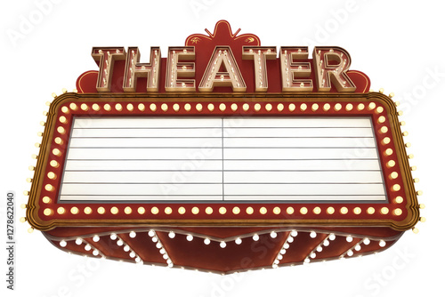 Classic Retro Theater marquee with blank billboard, isolated on transparent background