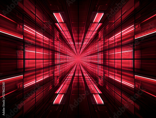 Abstract Red Grid Tunnel 3D...
