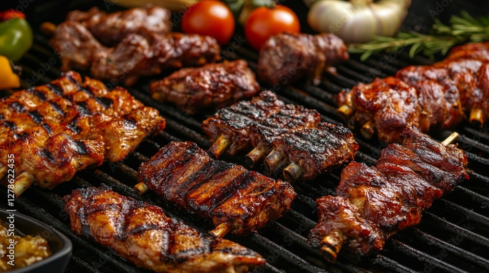 A dynamic image of a barbecue spread featuring various marinated meats, including chicken wings, beef kebabs, and pork ribs, ready for grilling. A dynamic image of a barbecue spread featuring various marinated meats, including chicken wings, beef kebabs, and pork ribs, ready for grilling.