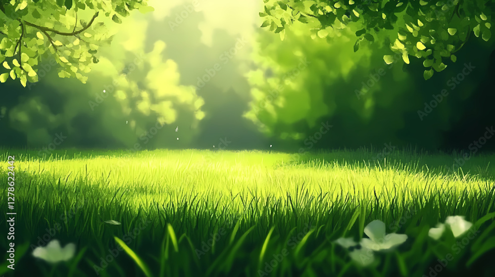 Obraz premium Serene Nature Illustration: Green Woods & Sunlit Meadows