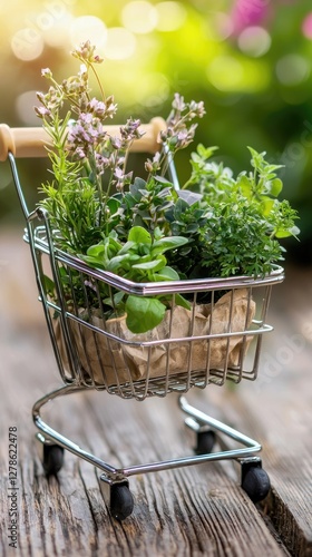 Miniature shopping cart filled with herbs in a garden setting.  Possible use Stock photo for gardening, cooking, healthy lifestyle