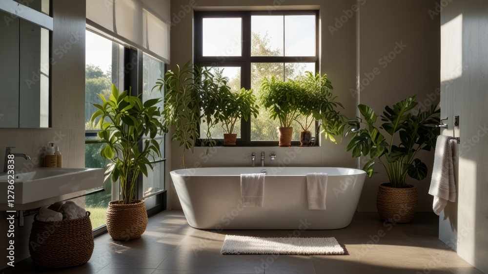 Fototapeta premium Modern sunlit bathroom with green plants