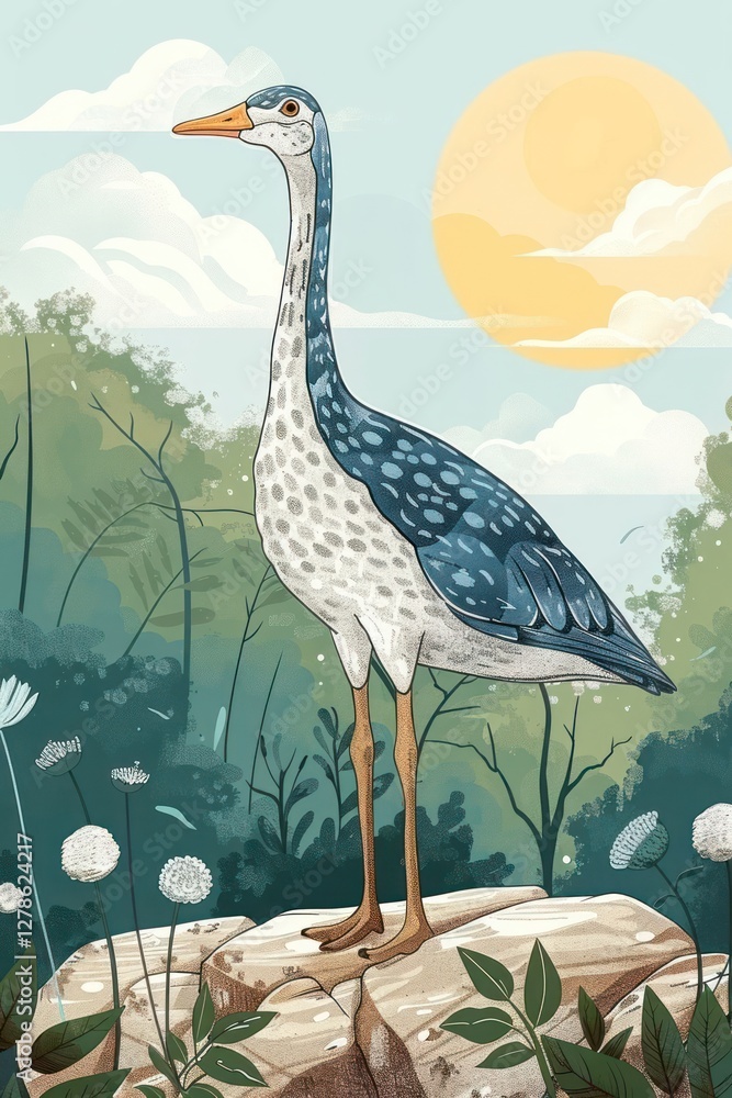 Fototapeta premium A stylized illustration of a bird standing on a rock in a vibrant natural setting.