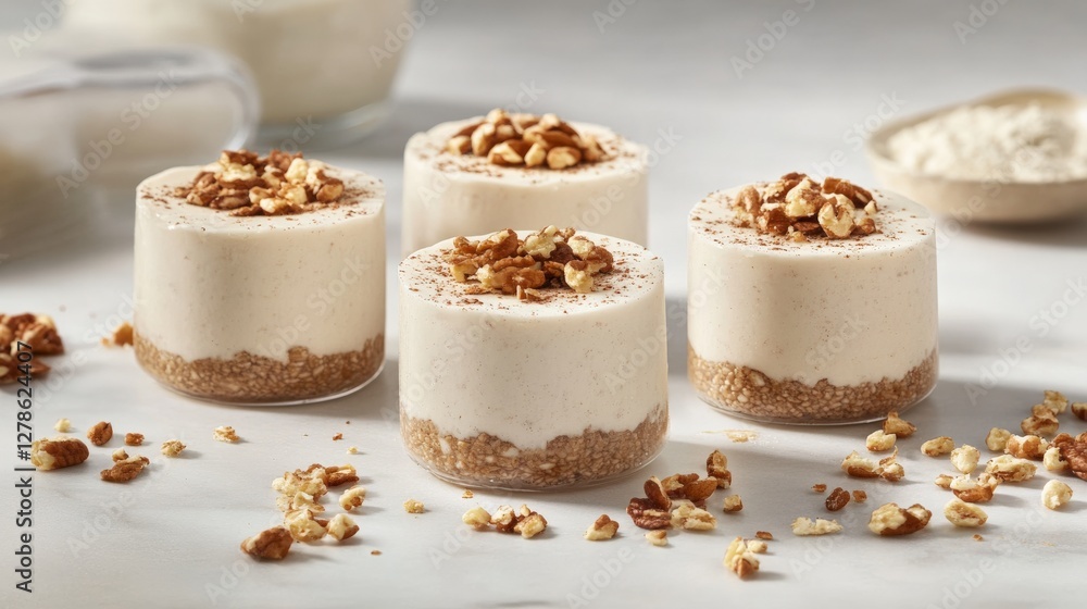 Delicious creamy dessert cups topped with crunchy nuts, set on a light kitchen countertop Delicious creamy dessert cups topped with crunchy nuts, set on a light kitchen countertop