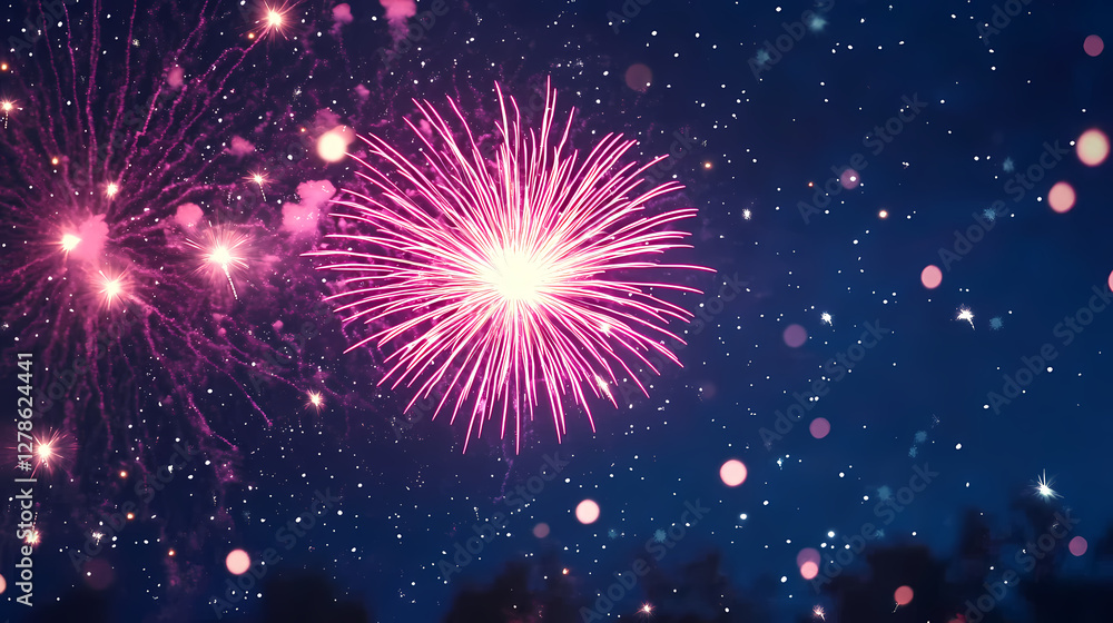 Fototapeta premium Fireworks Display with Pink and White Blossoms in the Night Sky
