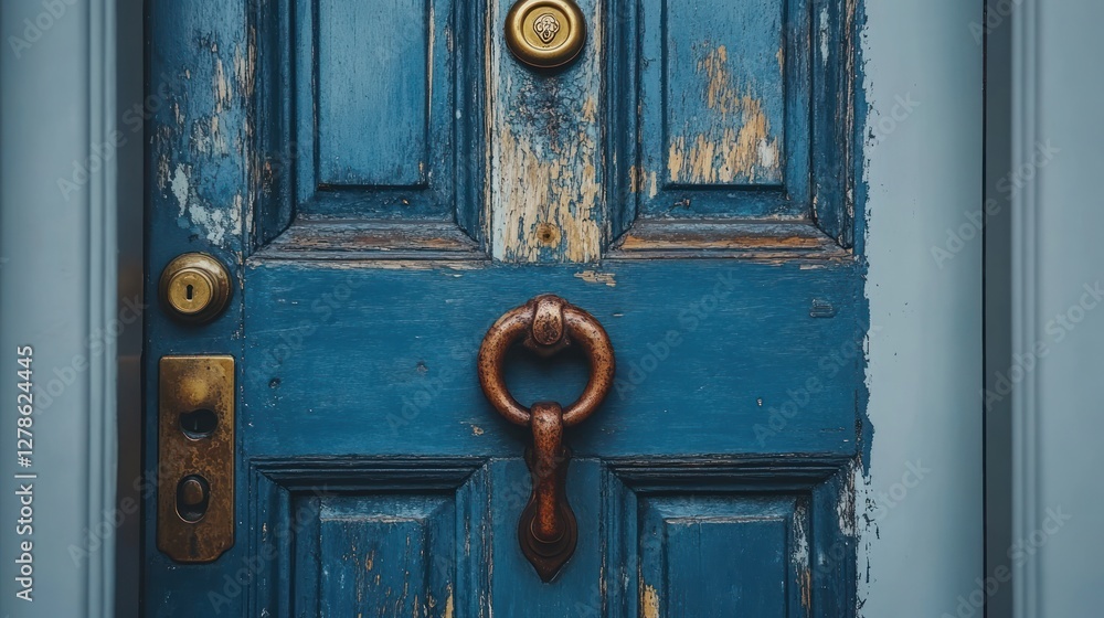 Fototapeta premium Weathered blue door knocker, urban street scene