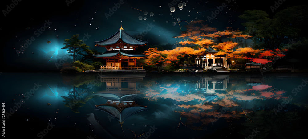 Fototapeta premium temple and leaves, colorful patterns on a dark background