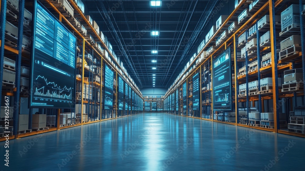 Fototapeta premium A modern, spacious warehouse featuring illuminated shelves filled with products and digital screens displaying data analytics and inventory management.