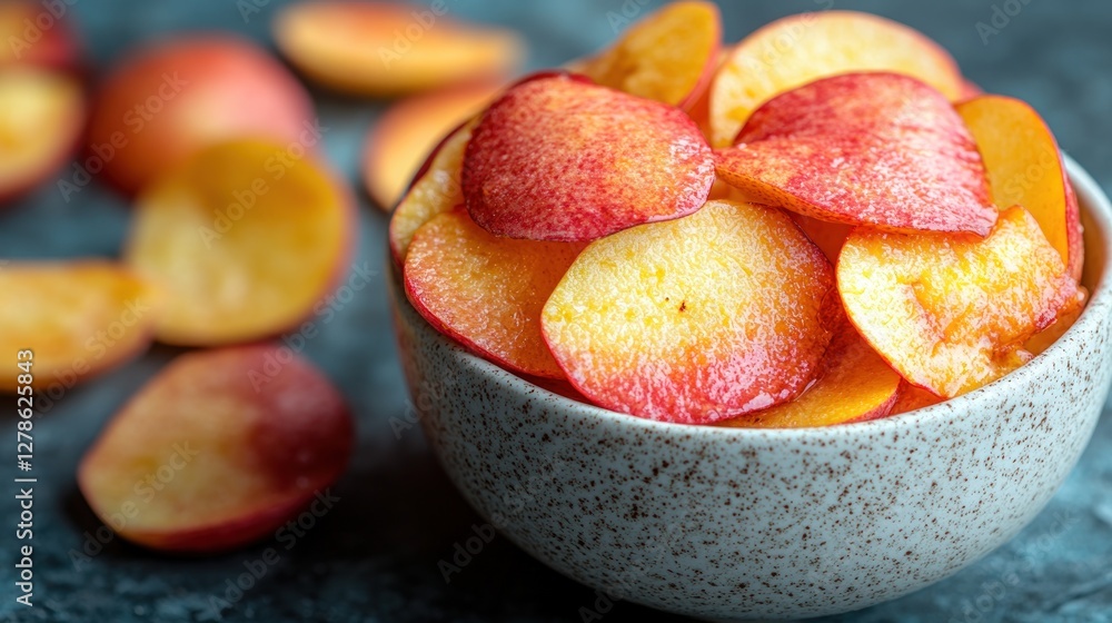 Peach slices in a bowl on a dark surface Peach slices in a bowl on a dark surface