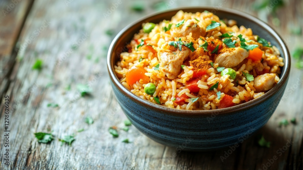 A high-resolution image of a bowl of curry fried rice with visible chunks of chicken, vegetables, and a dusting of curry powder, set against a rustic wooden table.
