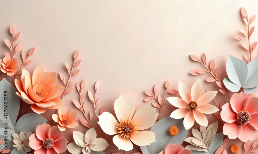 Obraz premium A delicate handcrafted floral composition with paper-textured petals, organic leaf shapes, and layered depth, designed in a modern pastel and warm earthy color palette.