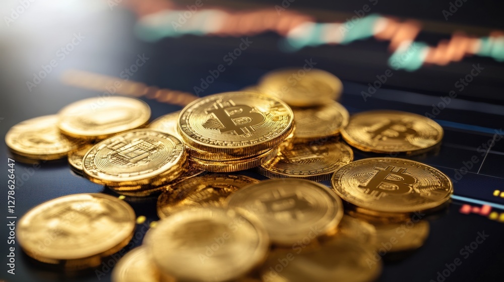 Close-up view of shiny gold bitcoins stacked on a dark background with financial charts Close-up view of shiny gold bitcoins stacked on a dark background with financial charts
