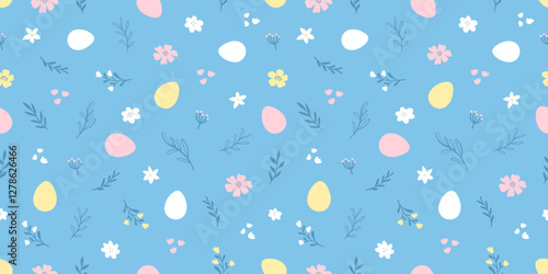 Seamless pattern of Easter colorful bright decorated eggs, leaves and flowers. Cute background for spring holiday. Vector illustration