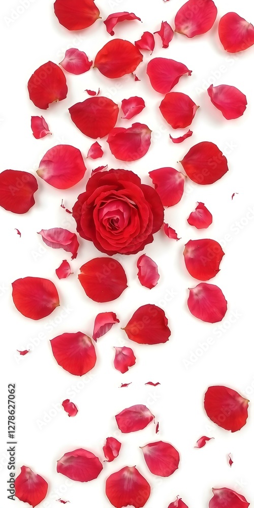 Fototapeta premium Scarlet Blooms: A single, radiant red rose is exquisitely framed by a delicate cascade of scattered petals, their velvety textures and rich hues creating a mesmerizing composition.