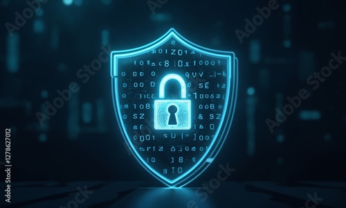 A conceptual image of cybersecurity featuring a glowing digital padlock embedded within a transparent shield, overlaid with binary code and blockchain-inspired graphics.