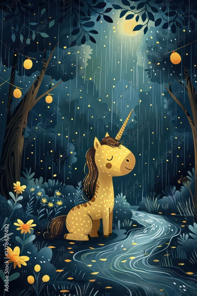 Naklejka premium A whimsical unicorn in a magical forest under a starry sky with glowing elements.