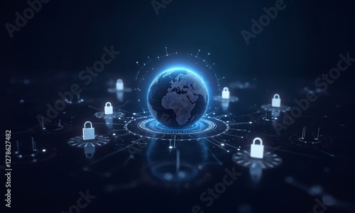 A sleek cyber protection concept featuring a digital globe surrounded by pulsating security shields, symbolizing global data privacy and encryption.