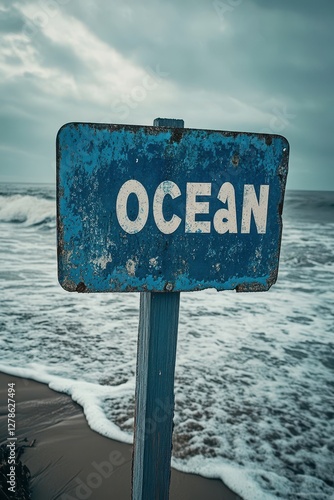 An aged blue sign standing on a sandy beach with white waves crashing in the background, vividly declaring the word "OCEAN" in bold white letters