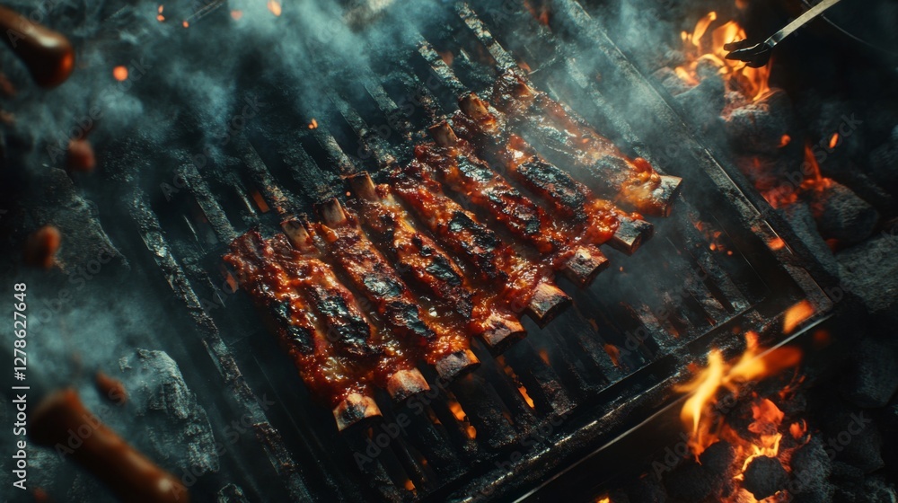 A high-resolution image of pork ribs being grilled on a barbecue, with charred edges and a glossy sauce, surrounded by grilling utensils and smoke. A high-resolution image of pork ribs being grilled on a barbecue, with charred edges and a glossy sauce, surrounded by grilling utensils and smoke.