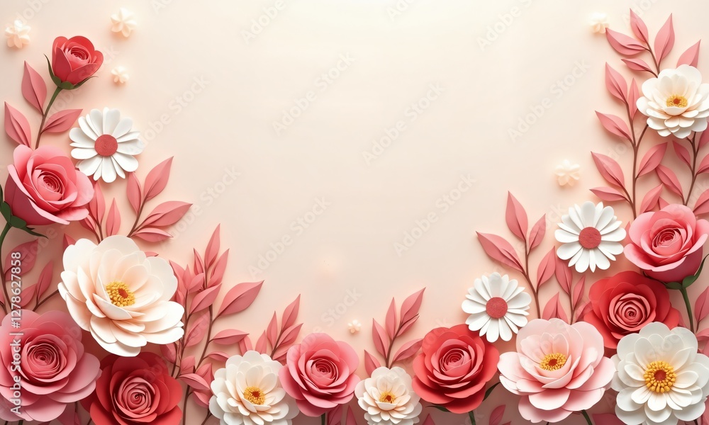 A stunning 3D paper-cut floral composition featuring delicate roses, peonies, and daisies in shades of blush pink, red, and ivory, set against a pastel gradient background. A stunning 3D paper-cut floral composition featuring delicate roses, peonies, and daisies in shades of blush pink, red, and ivory, set against a pastel gradient background.