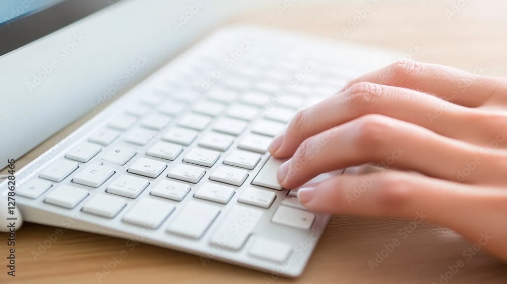 Close Up of Hands Typing on White Wireless Keyboard on Wooden Desk Close Up of Hands Typing on White Wireless Keyboard on Wooden Desk