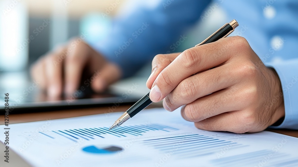 Close up of Hands Reviewing Financial Data with Pen Close up of Hands Reviewing Financial Data with Pen