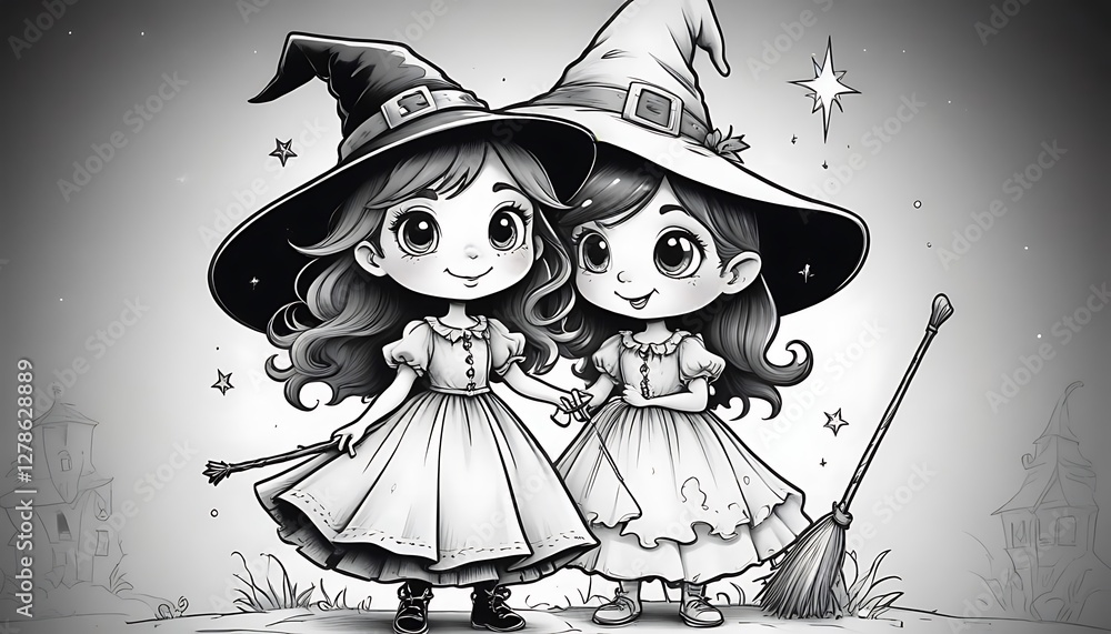 Obraz premium Adorable Halloween Witches: Two Cute Girl Witches in Monochrome
