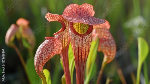 A vibrant pitcher plant with a striking red and white pattern and bright yellow center, poised elegantly on a slender stem, turning slightly to the right photo