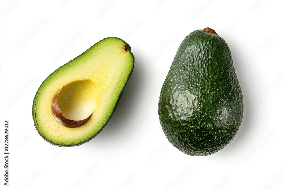 Halved avocado and whole avocado on white background Halved avocado and whole avocado on white background
