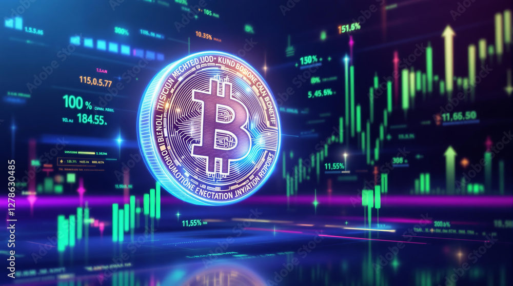 Fototapeta premium Representação digital de Bitcoin com gráficos financeiros ao fundo, simbolizando mercado de criptomoedas, investimentos e análise de dados em um ambiente tecnológico.