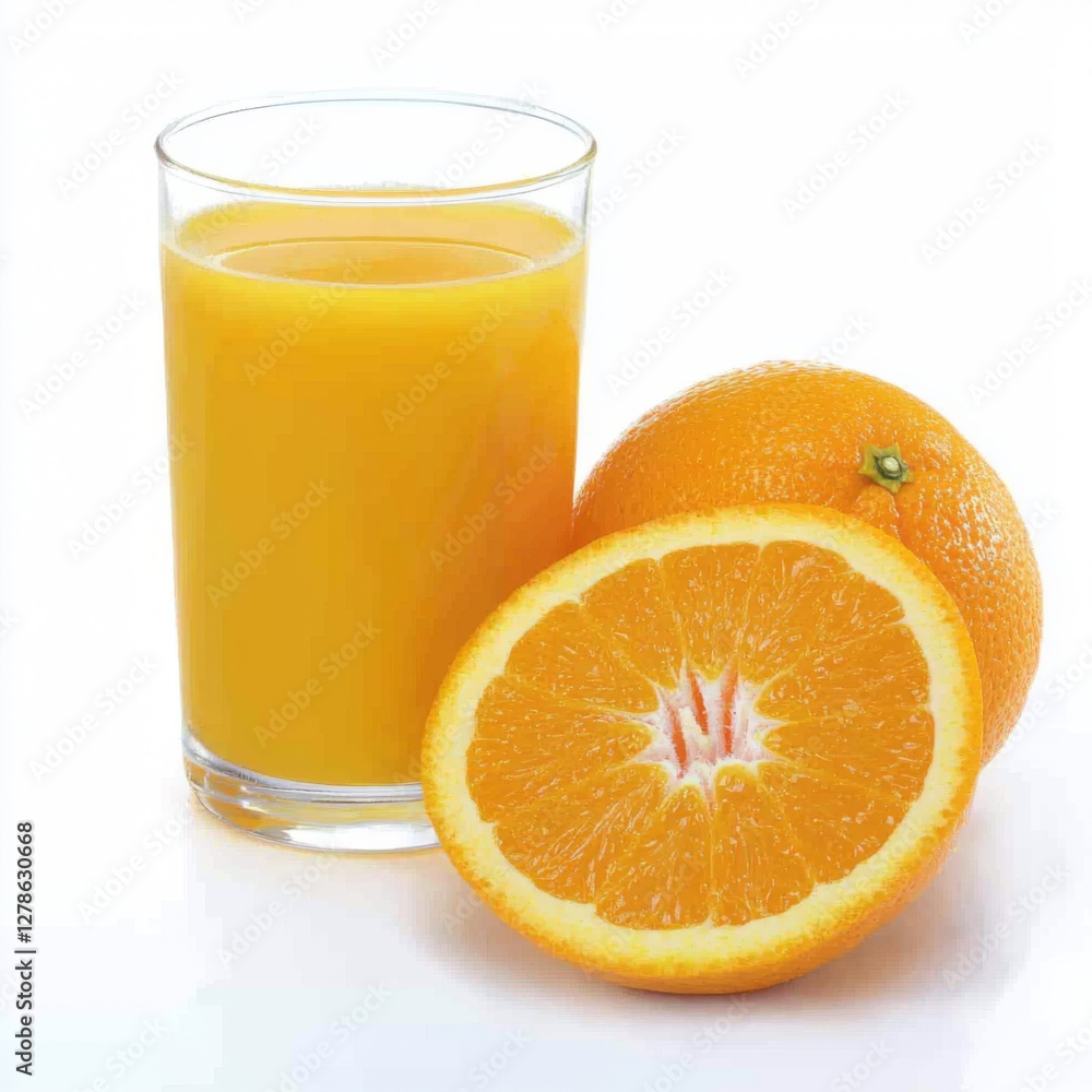 A refreshing glass of freshly squeezed orange juice with a slice of orange on the rim, isolated on a white background. A refreshing glass of freshly squeezed orange juice with a slice of orange on the rim, isolated on a white background.
