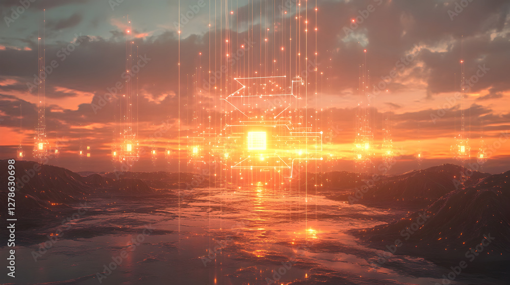 Fototapeta premium digital landscape with floating network nodes and a glowing wireless signal at the center 